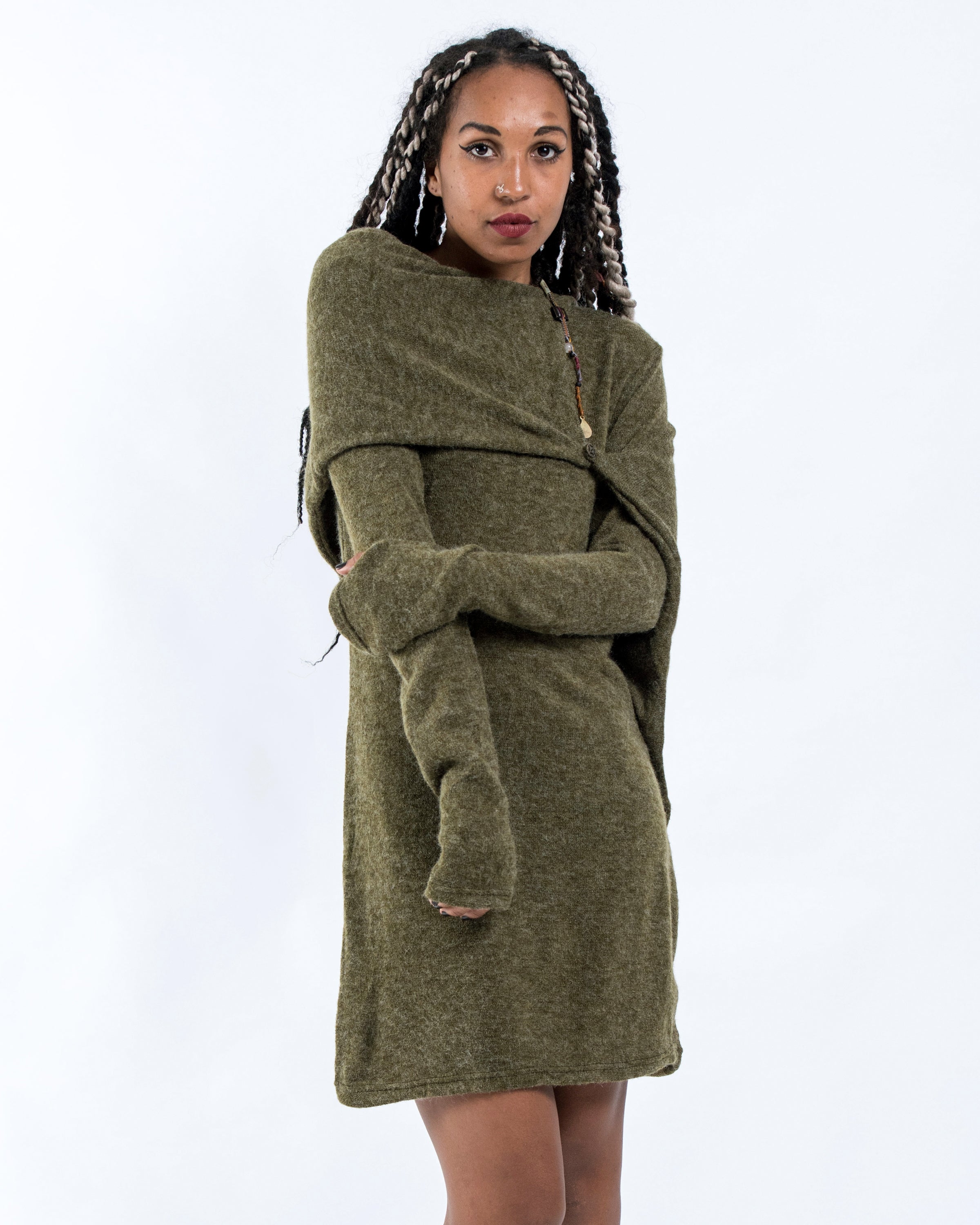 Sure Design Shawl Hoodie Combo Sweater Dress in Green Sure Design Shawl Hoodie Combo Sweater Dress in Green