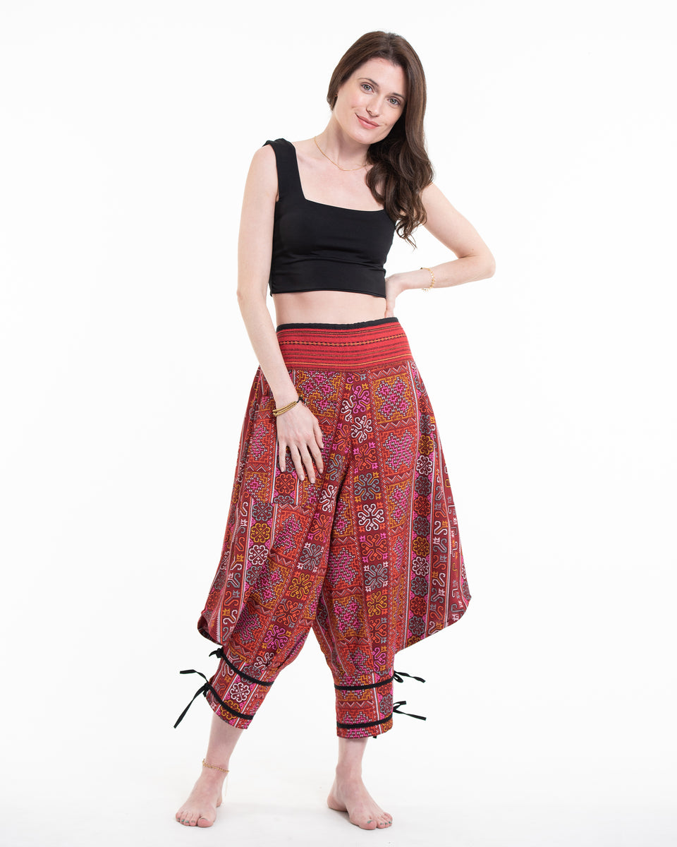 Unisex Thai Hill Tribe Fabric Harem Pants with Ankle Straps in Charcoal Gray