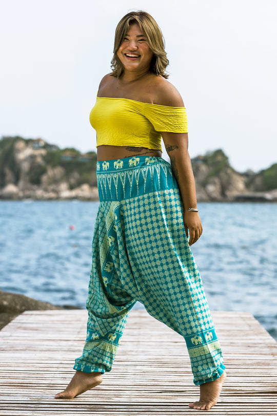 Plus Size Hill Tribe Elephant Women's Elephant Pants in Turquoise