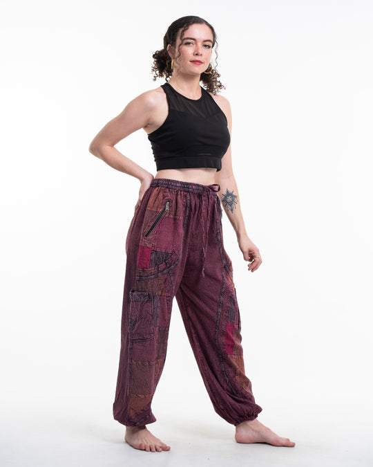 Women's Patchwork Stone Washed Cargo Cotton Pants in Maroon 02