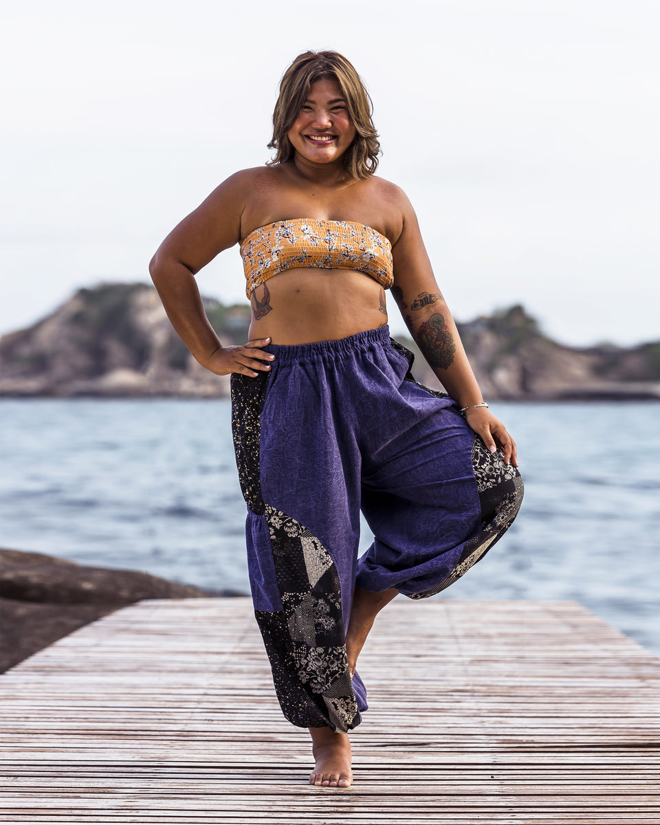 【BAON】Harami Color Wash Denim Pants Plus Size Stone Washed Patchwork Women Unisex Pants in Blue