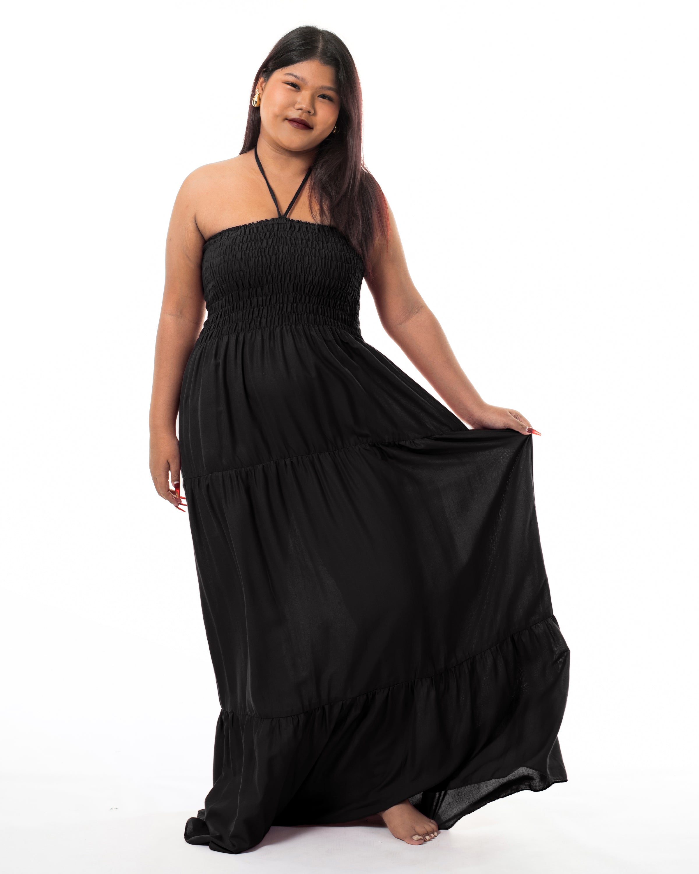 black smocked maxi dress Plus Size Solid Color Smocked Maxi Dress in Black