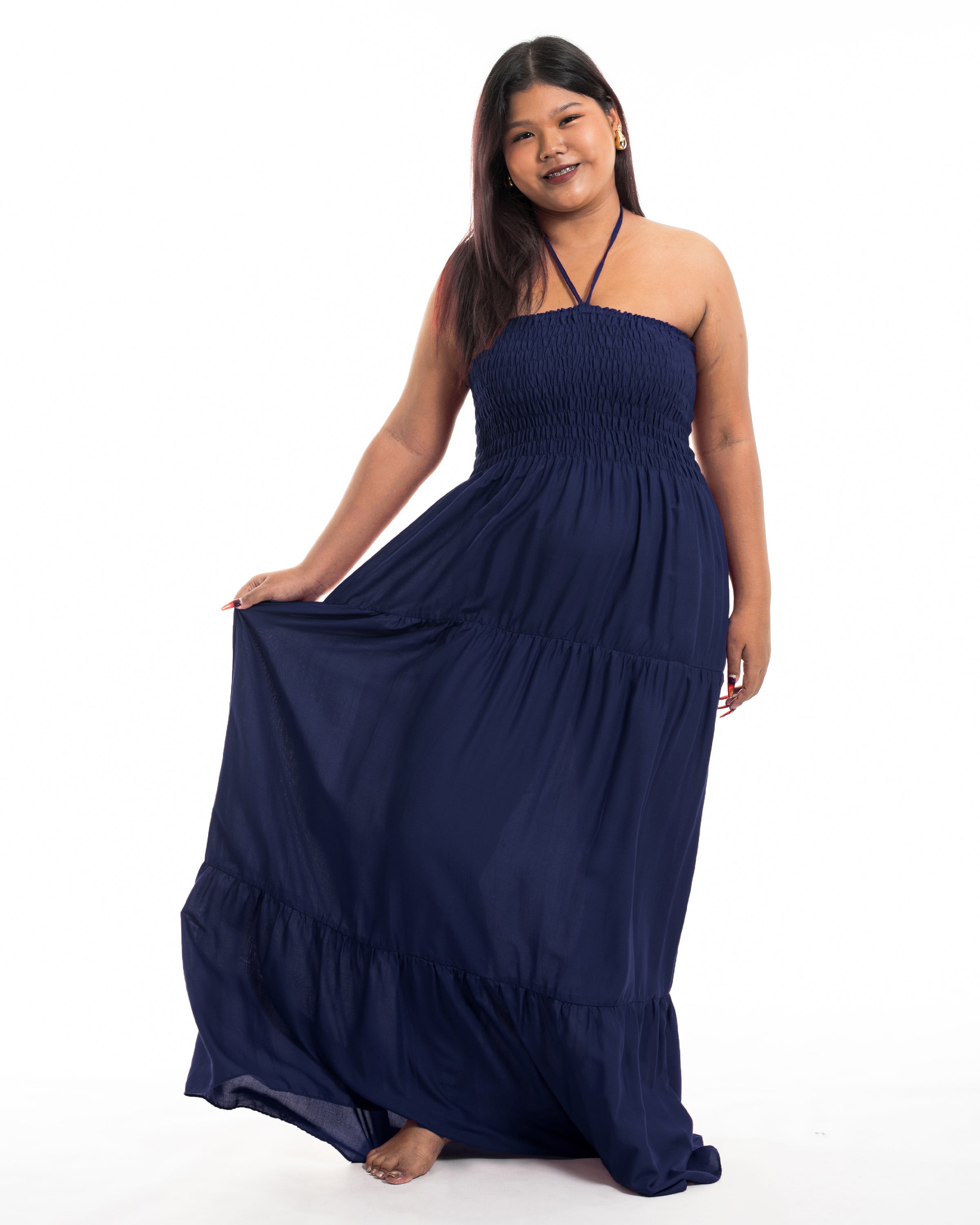 Plus Size Solid Color Smocked Maxi Dress in Blue Plus Size Solid Color Smocked Maxi Dress in Blue