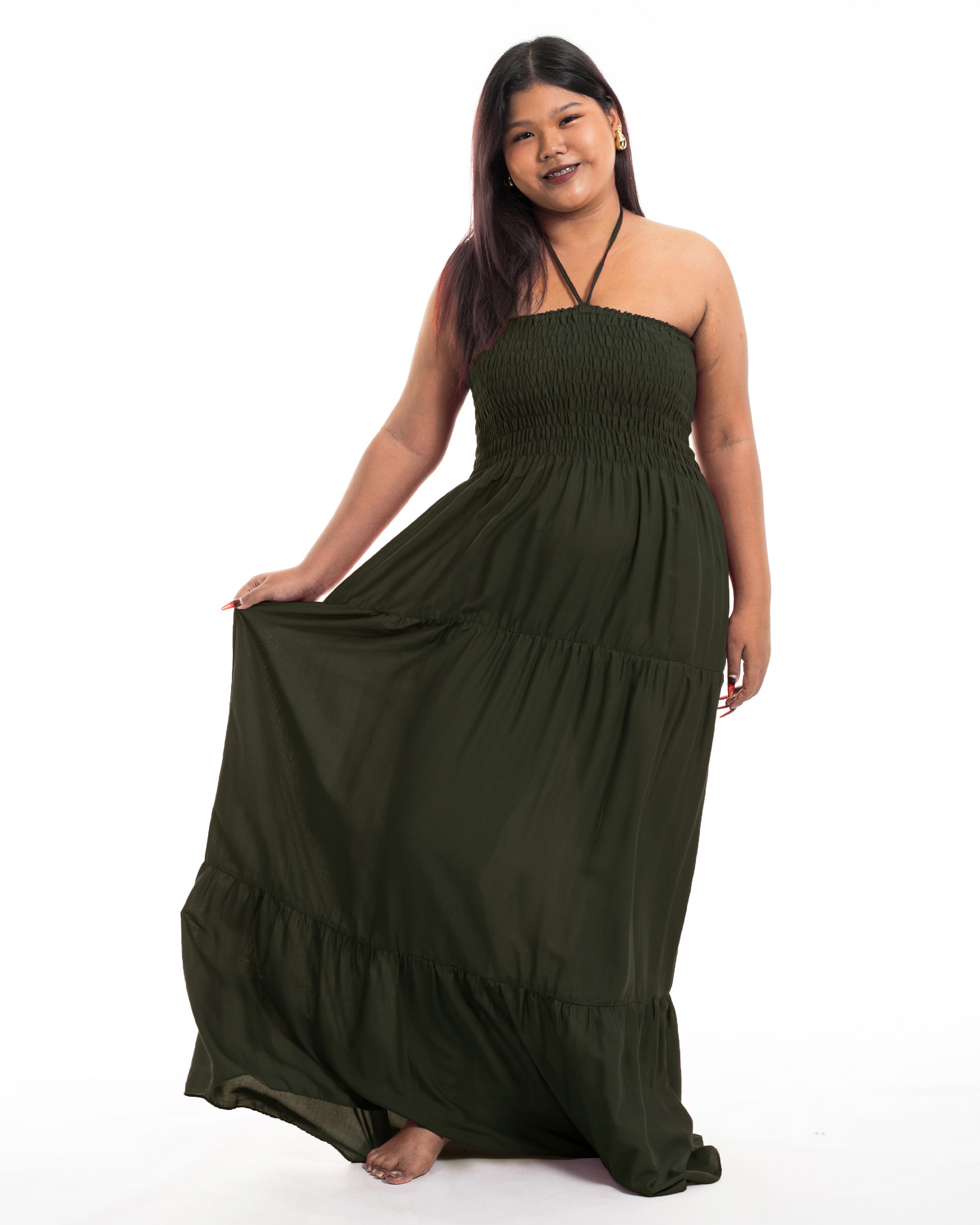 Plus Size Solid Color Smocked Maxi Dress in Dark Green Plus Size Solid Color Smocked Maxi Dress in Dark Green