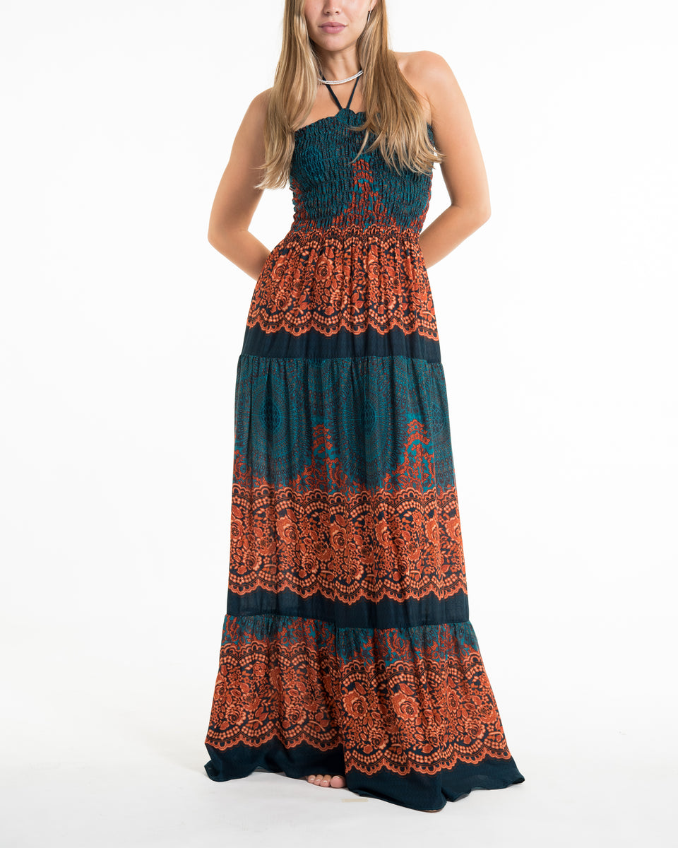 Geometric Mandalas Smocked Maxi Dress in Turquoise Geometric Mandalas Smocked Maxi Dress in Turquoise