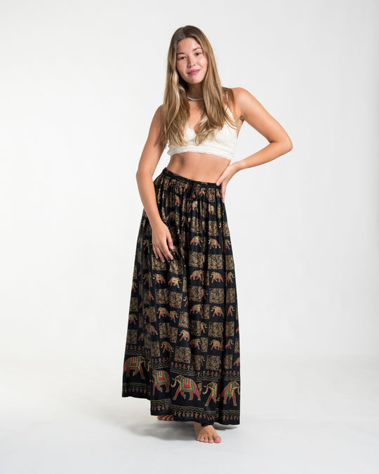 Elephant Print Midi Skirt in Black
