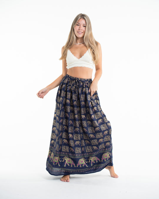Elephant Print Midi Skirt in Navy