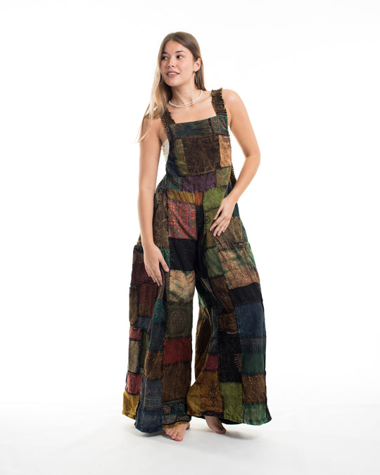 Patchwork Stonewash Overall in Multi Brown