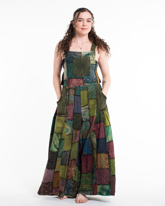 Patchwork Stonewash Overall in Multi Green