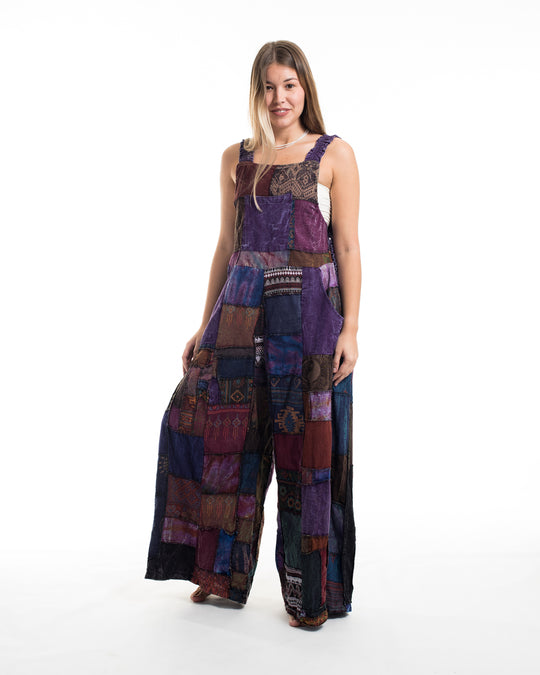 Patchwork Stonewash Overall in Multi Purple