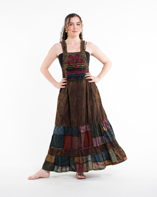 Patchwork Stonewash Overall Dress in Multi Brown