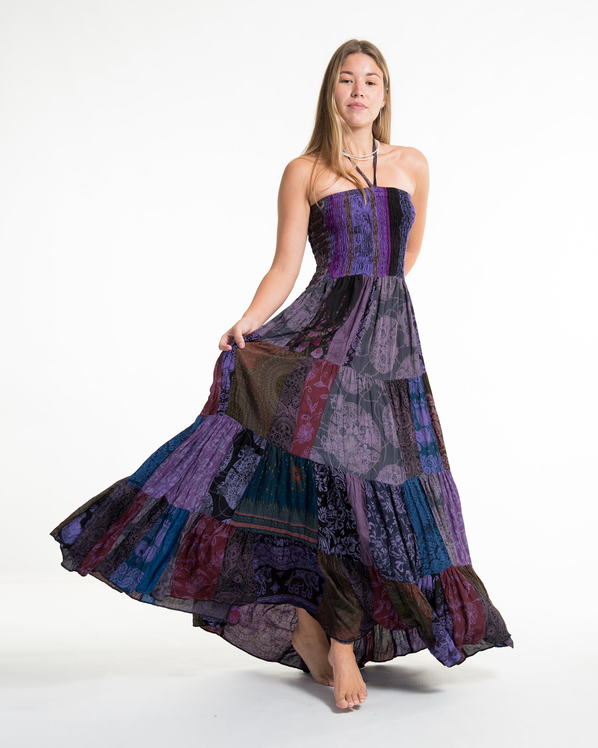 Upcycled Patchwork Multi Print Maxi Dress in Purple Upcycled Patchwork Multi Print Maxi Dress in Purple