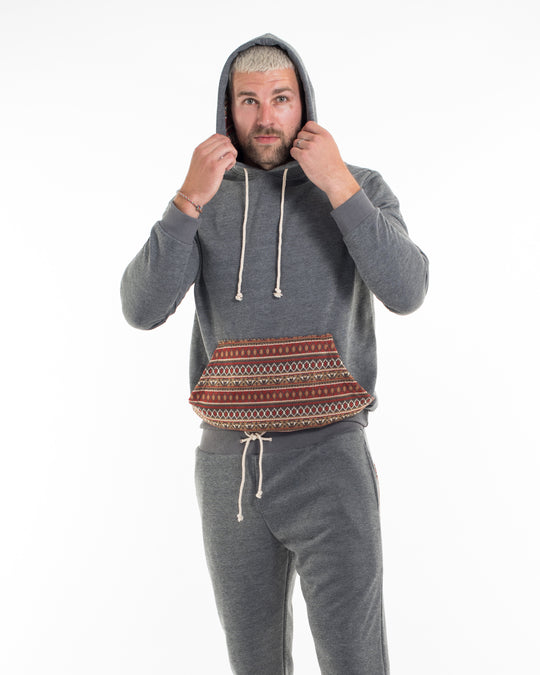 Unisex Terry Pullover Hoodie with Tribal Pockets in Black (Size M - XL)