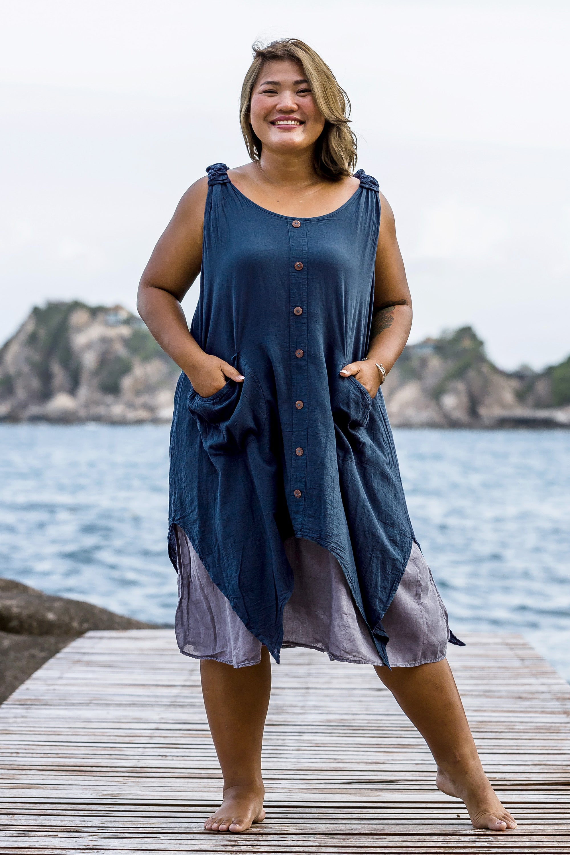 Plus Size Women's Crinkled Hill Tribe Cotton Tank Dress in Navy Harem Pants Plus Size Women's Crinkled Hill Tribe Cotton Tank Dress in Navy Harem Pants