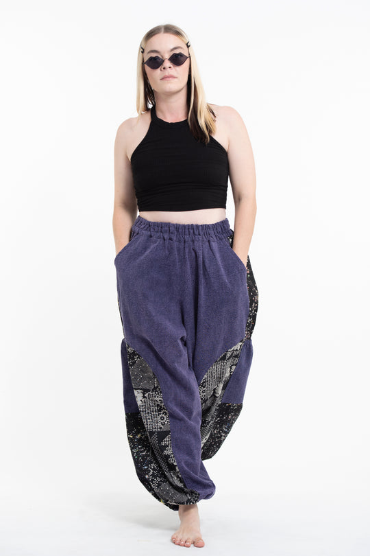 Stone Washed Patchwork Women Unisex Pants in Blue