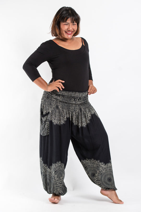 Plus Size Floral Mandalas Women's Harem Pants in Black