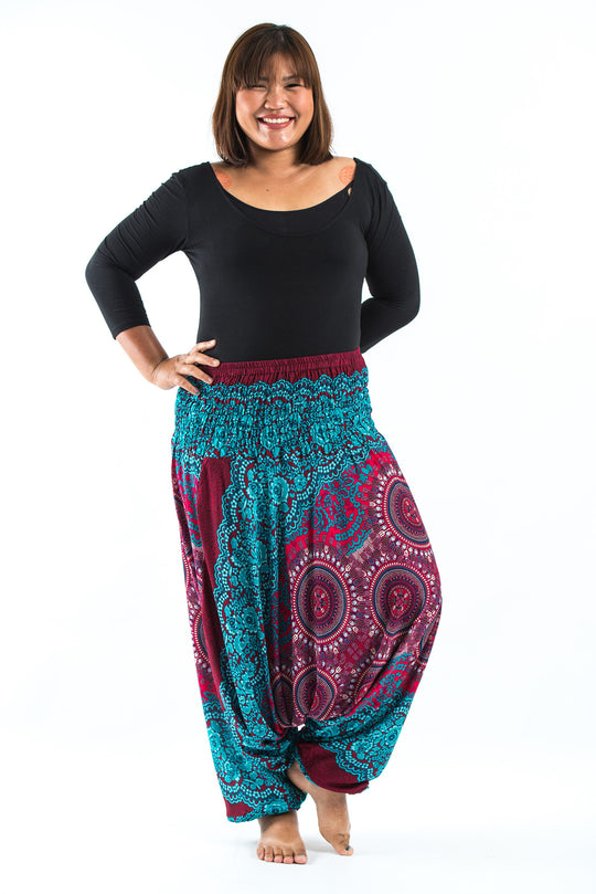 Plus Size Trishula Mandalas 2-in-1 Jumpsuit Harem Pants in Red Blue
