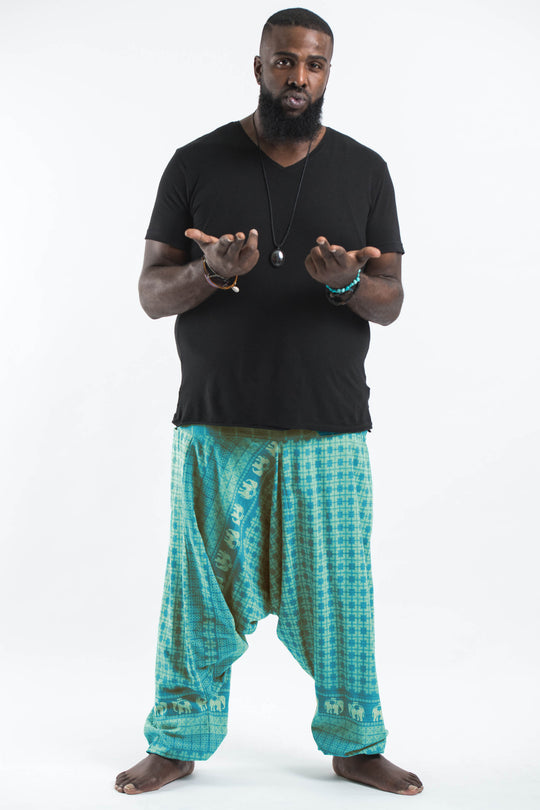 Plus Size Hill Tribe Elephant Men's Elephant Pants in Turquoise