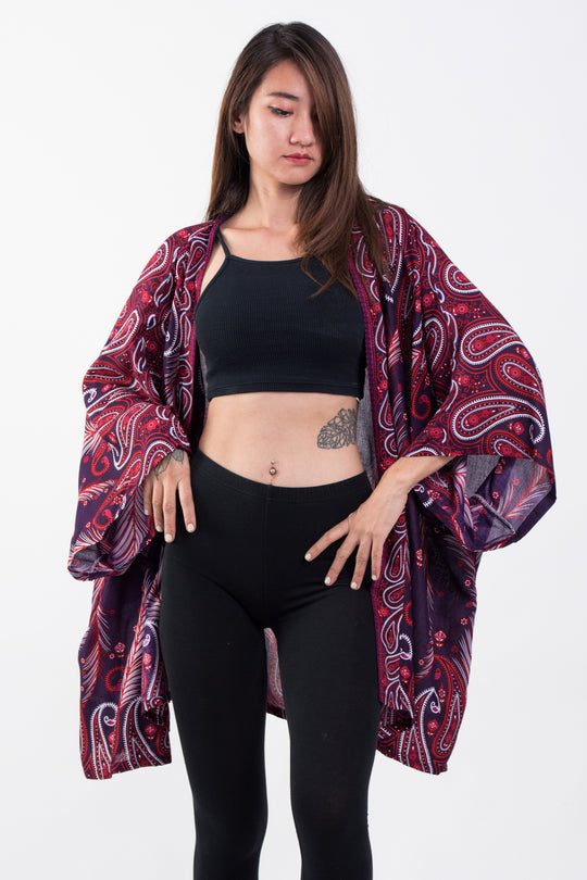 Paisley Feathers Kimono Cardigan in Purple