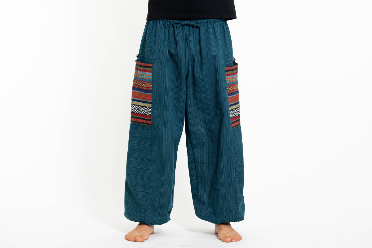 Men's Drawstring Pinstripes Cotton Pants with Aztec Pocket in
