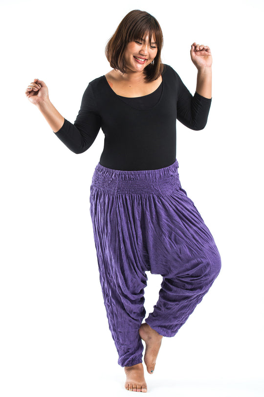 Plus Size Crinkled Cotton Harem Pants in Purple