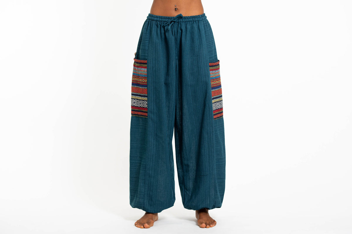 Women's Drawstring Pinstripes Cotton Pants with Aztec Pocket