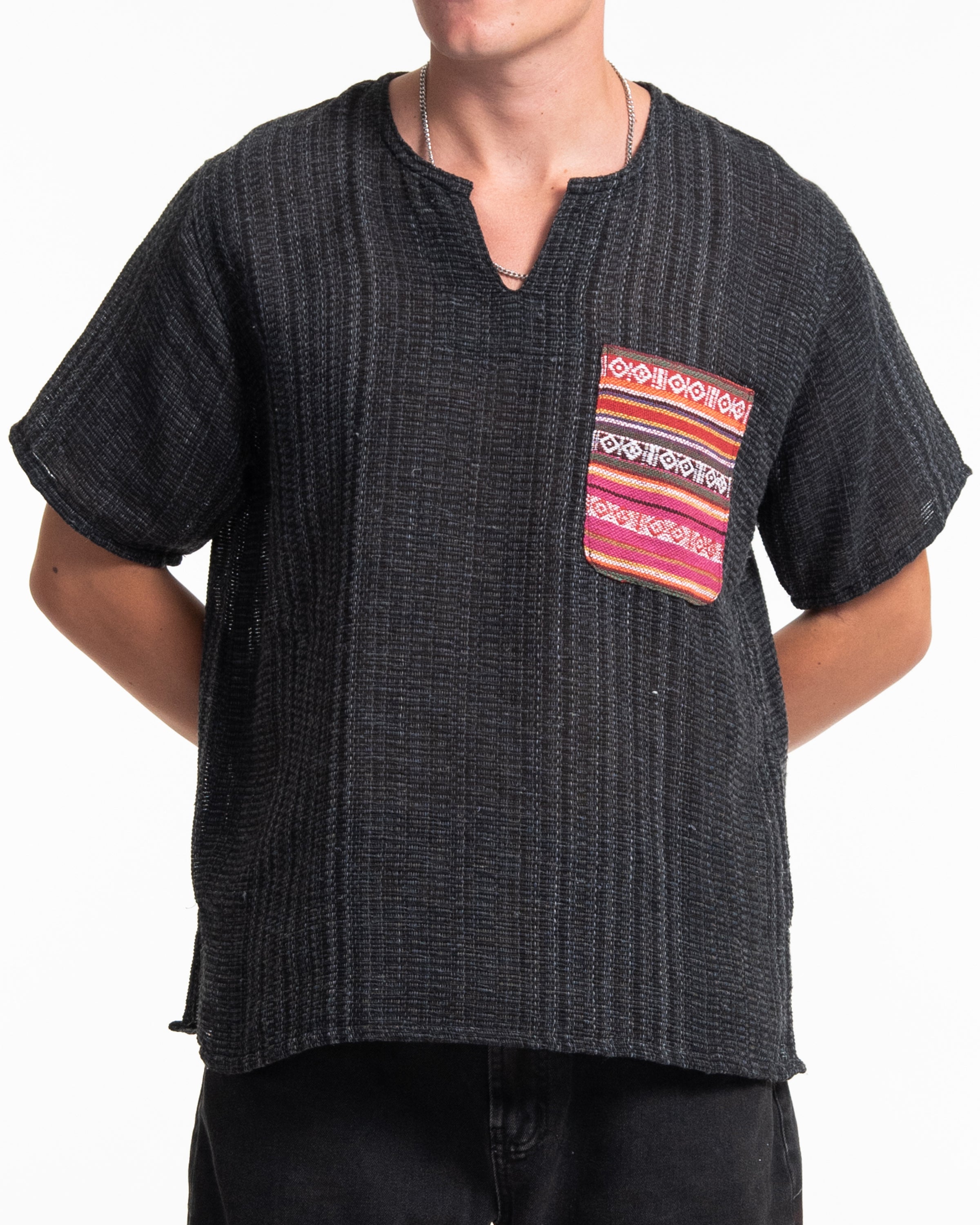 Unisex Woven Cotton Shirt with Tribal Pocket in Black