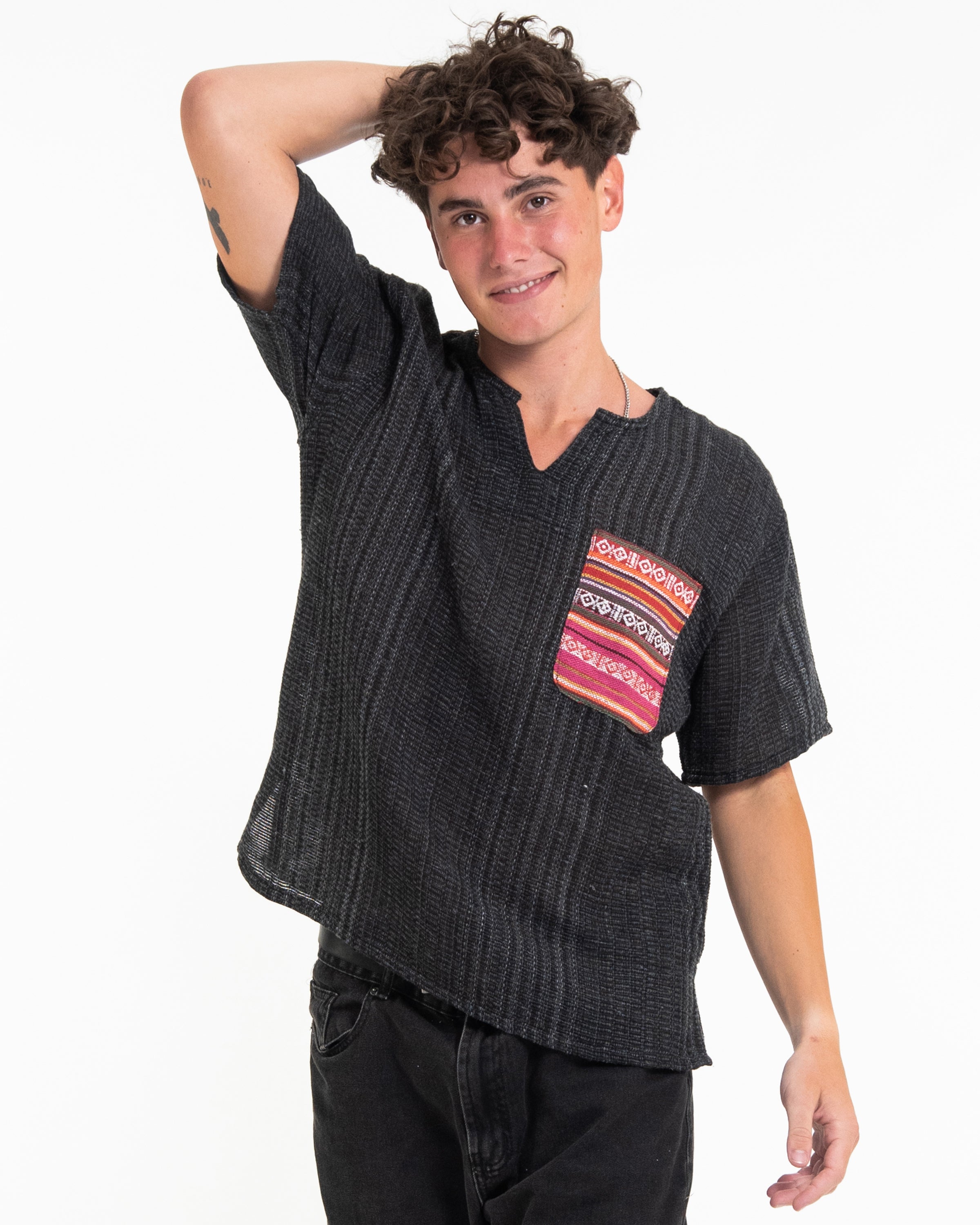 Unisex Woven Cotton Shirt with Tribal Pocket in Black