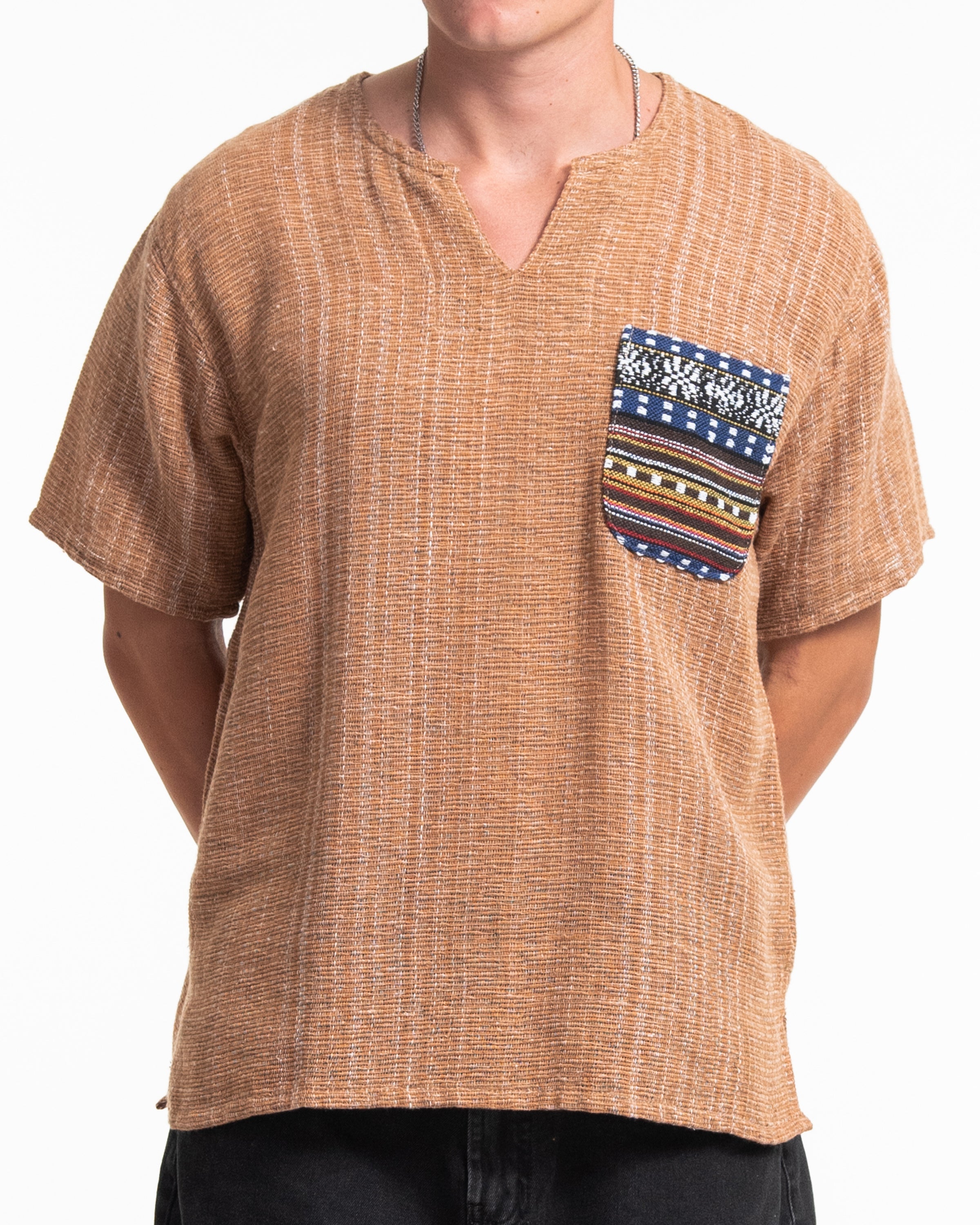 Unisex Woven Cotton Shirt with Tribal Pocket in Beige