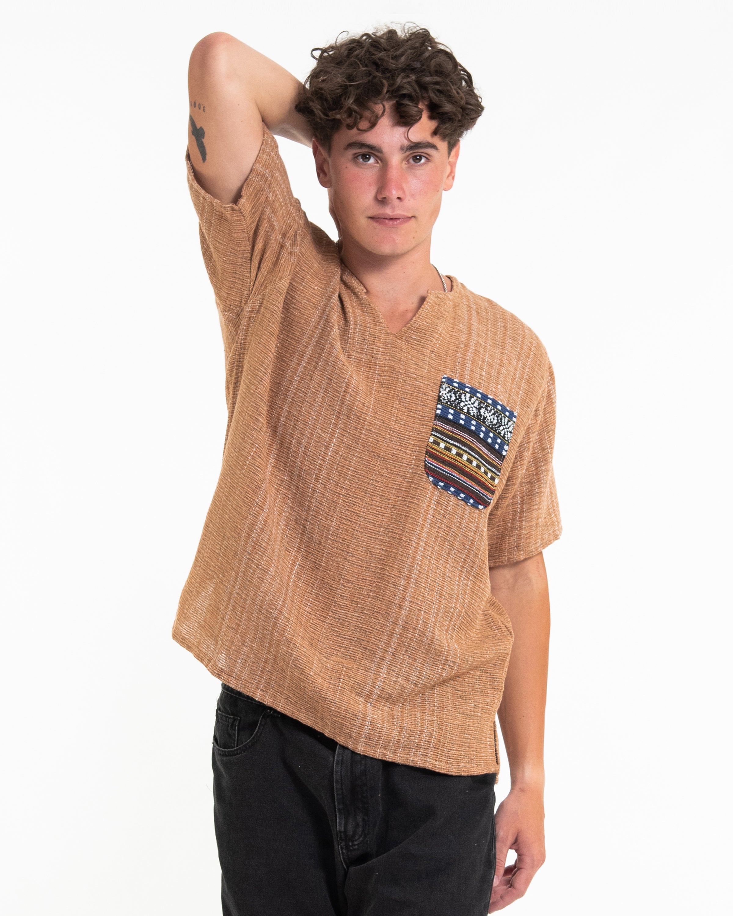 Unisex Woven Cotton Shirt with Tribal Pocket in Beige