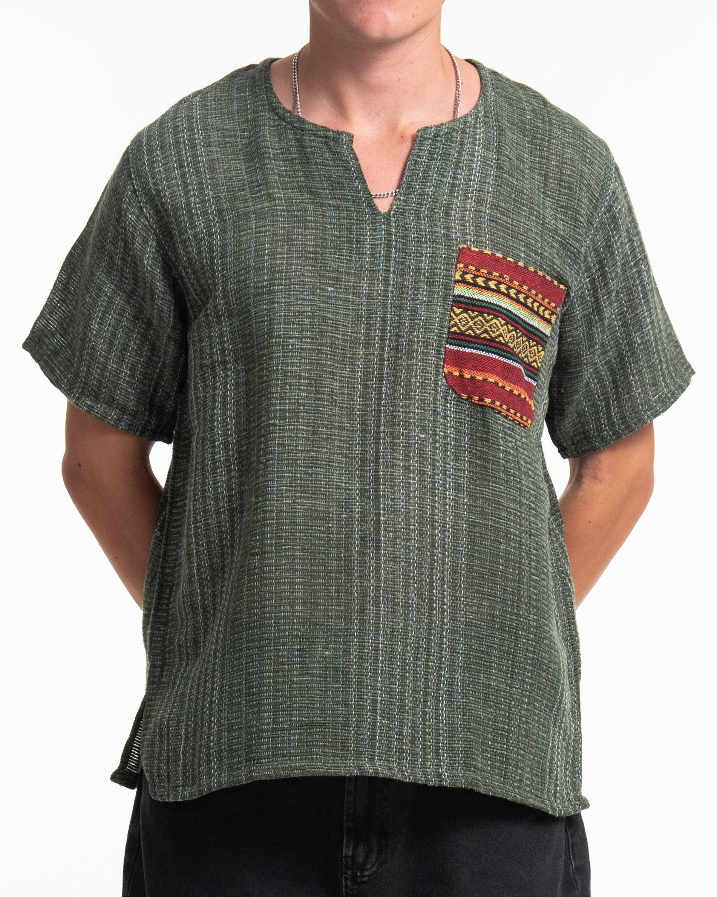 Unisex Woven Cotton Shirt with Tribal Pocket in Green