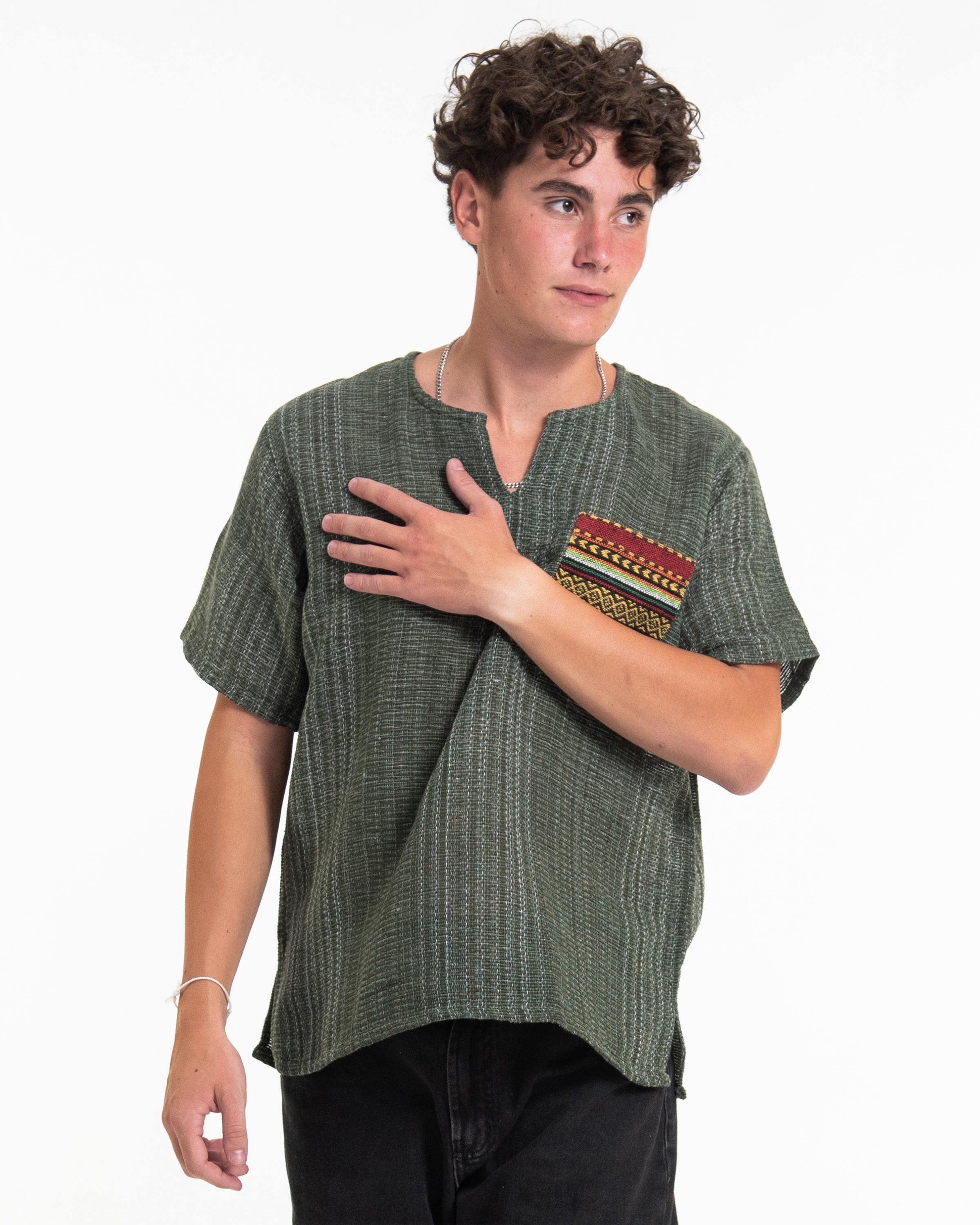 Unisex Woven Cotton Shirt with Tribal Pocket in Green