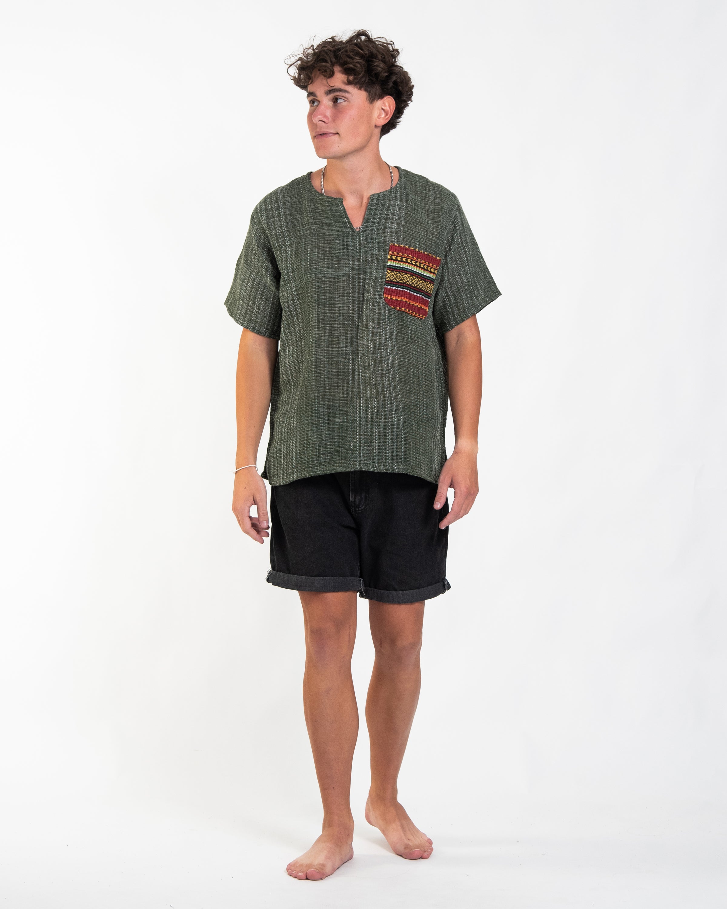 Unisex Woven Cotton Shirt with Tribal Pocket in Green