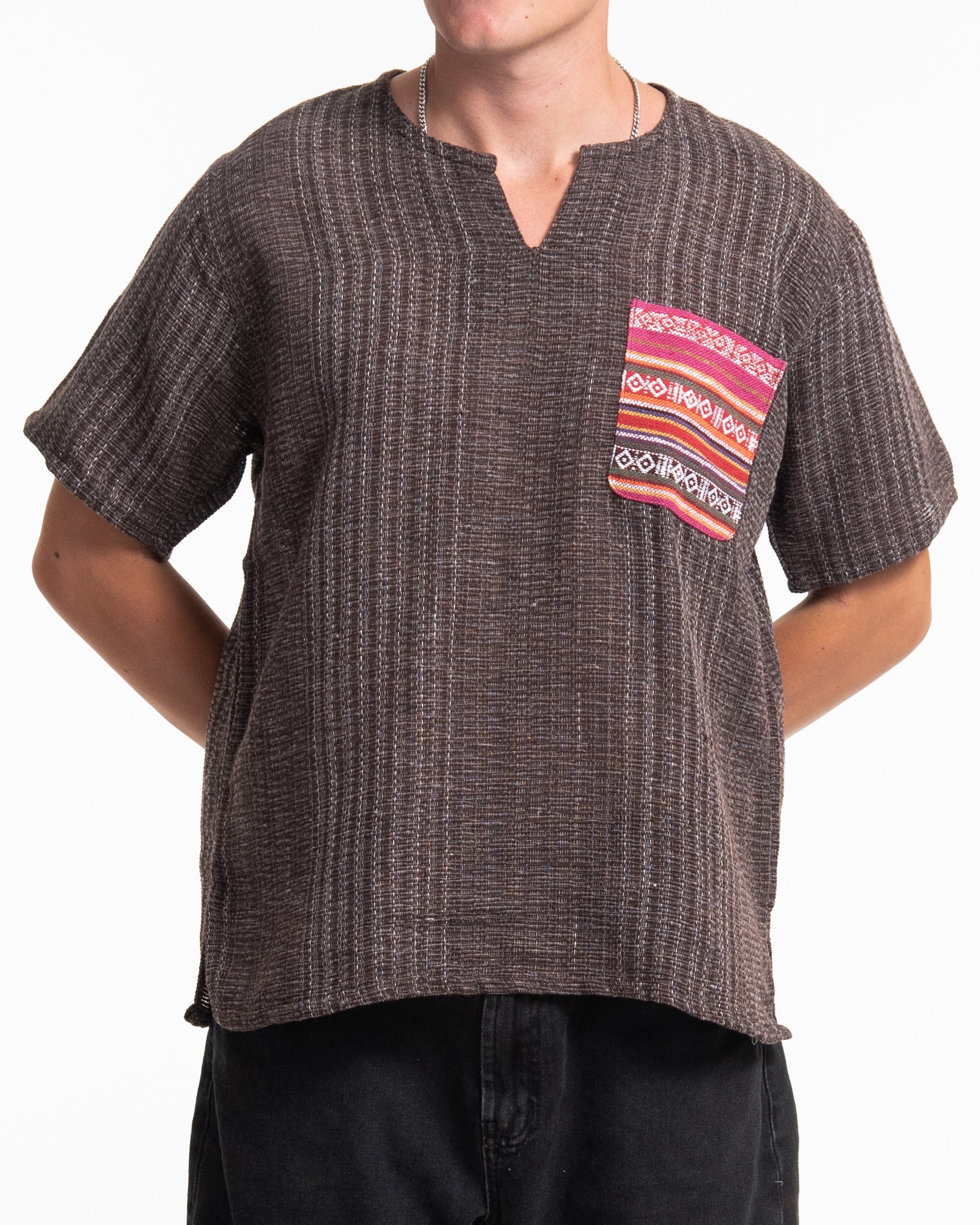 Unisex Woven Cotton Shirt with Tribal Pocket in Brown