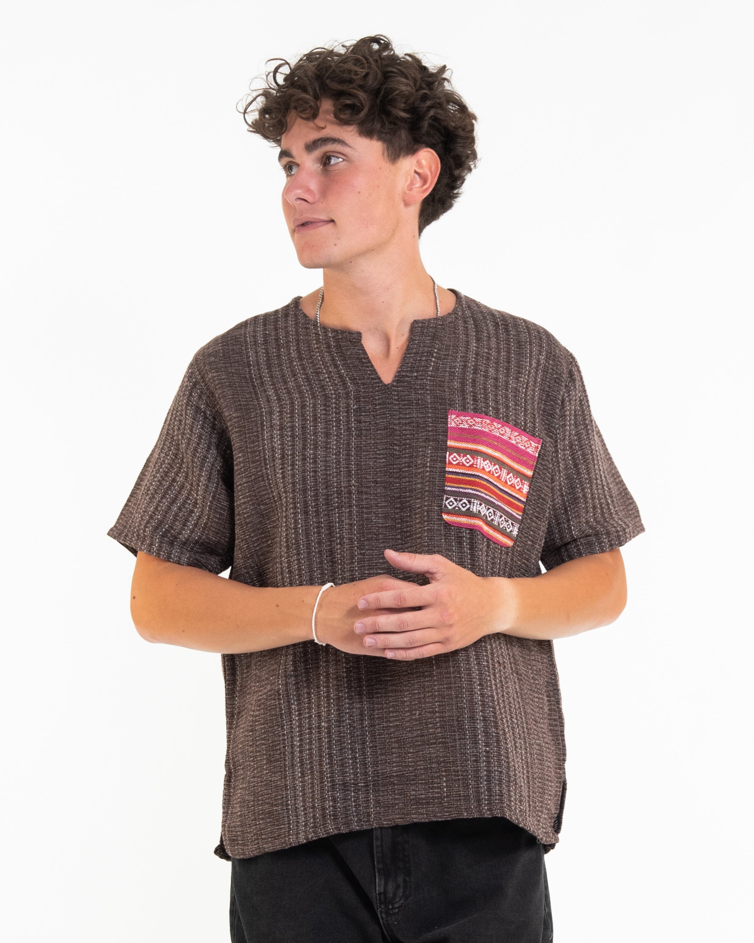 Unisex Woven Cotton Shirt with Tribal Pocket in Brown