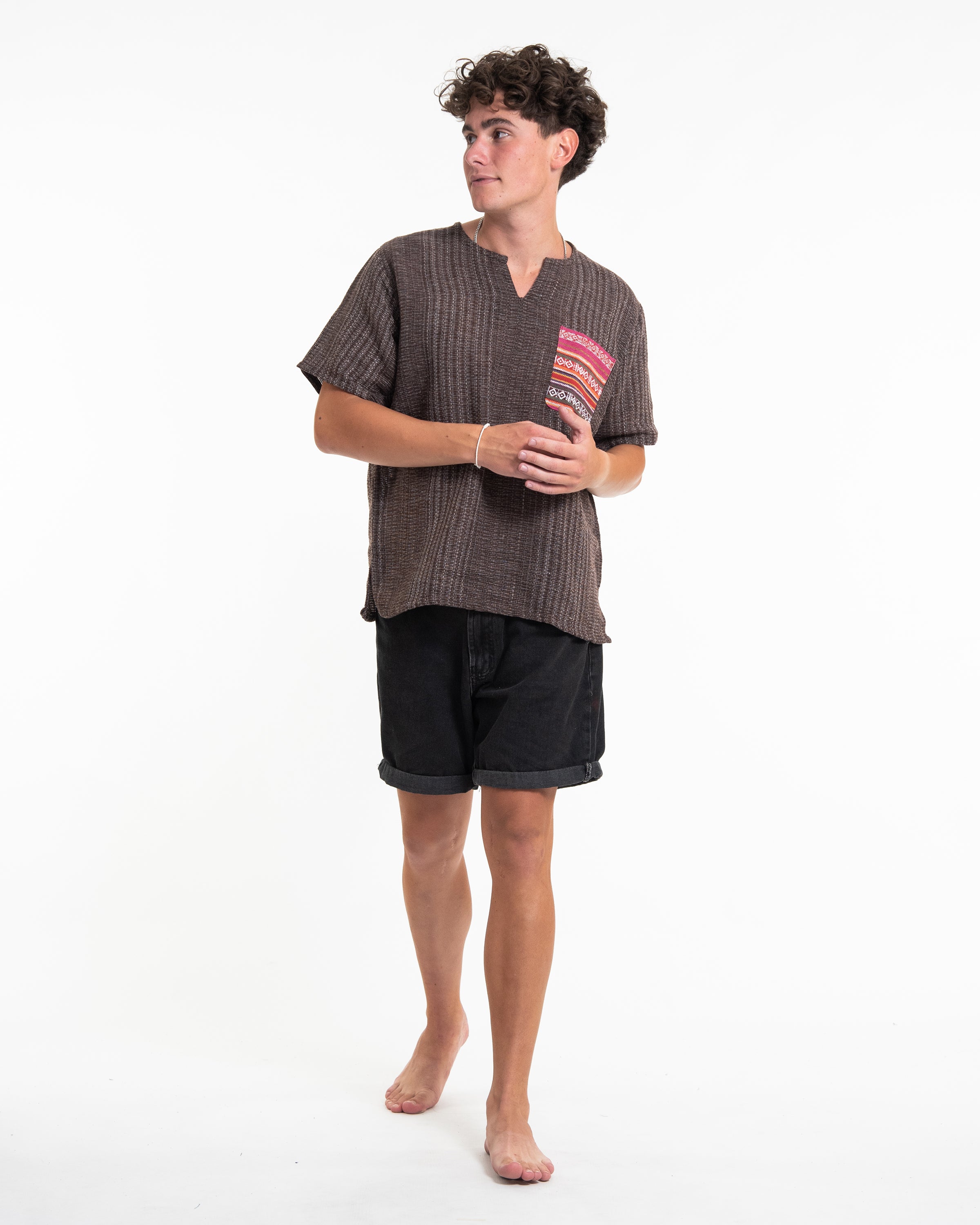 Unisex Woven Cotton Shirt with Tribal Pocket in Brown