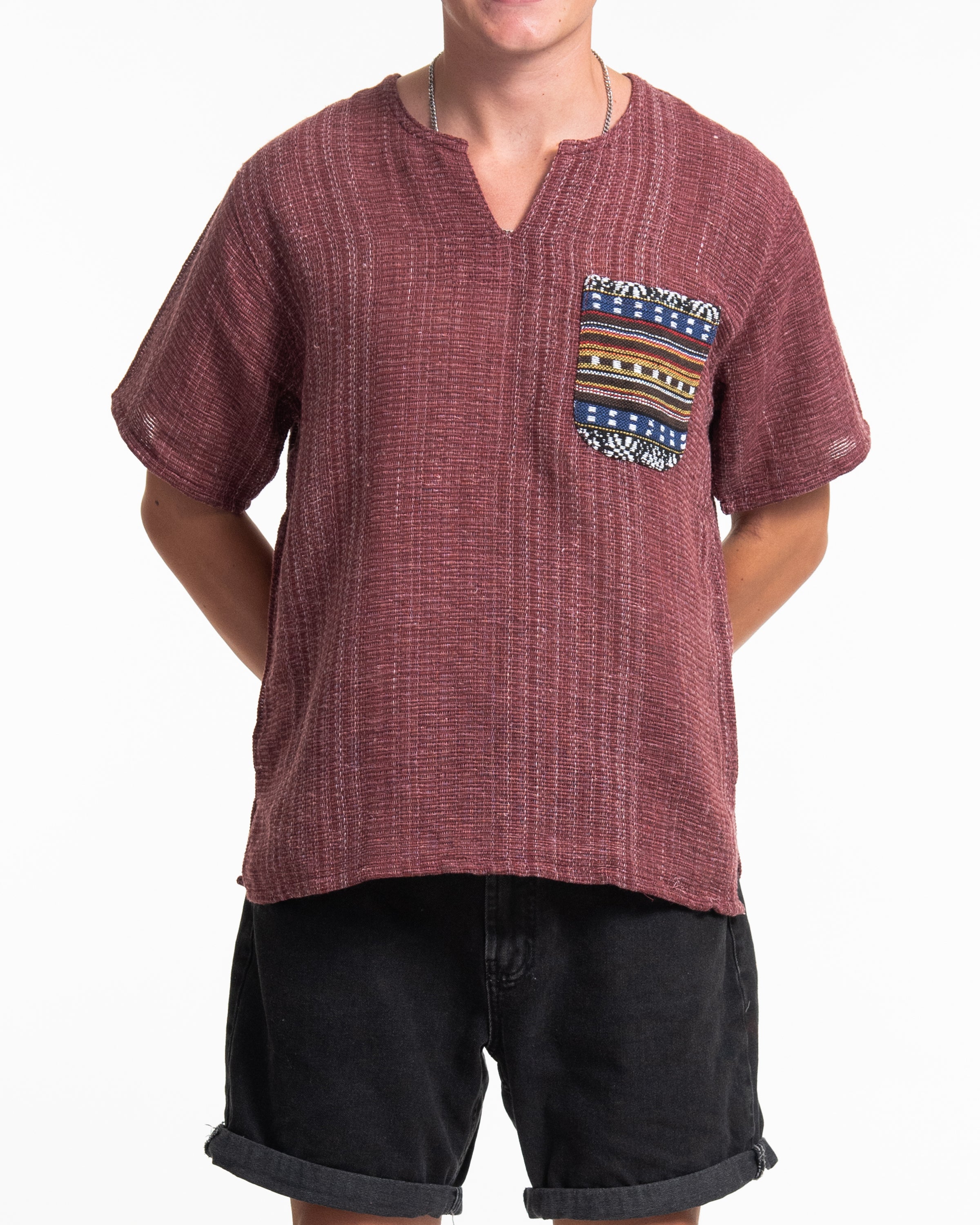 Unisex Woven Cotton Shirt with Tribal Pocket in Red