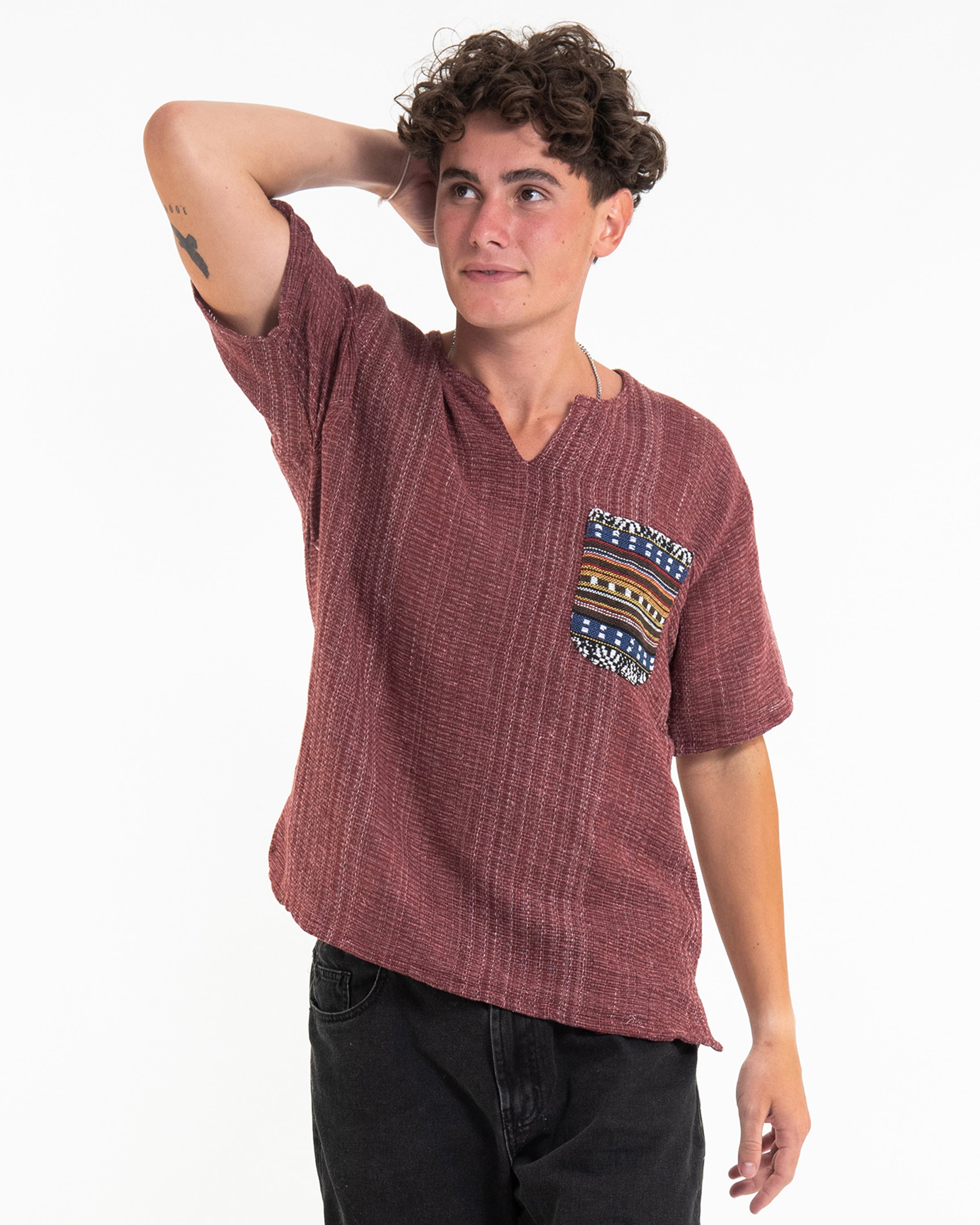 Unisex Woven Cotton Shirt with Tribal Pocket in Red