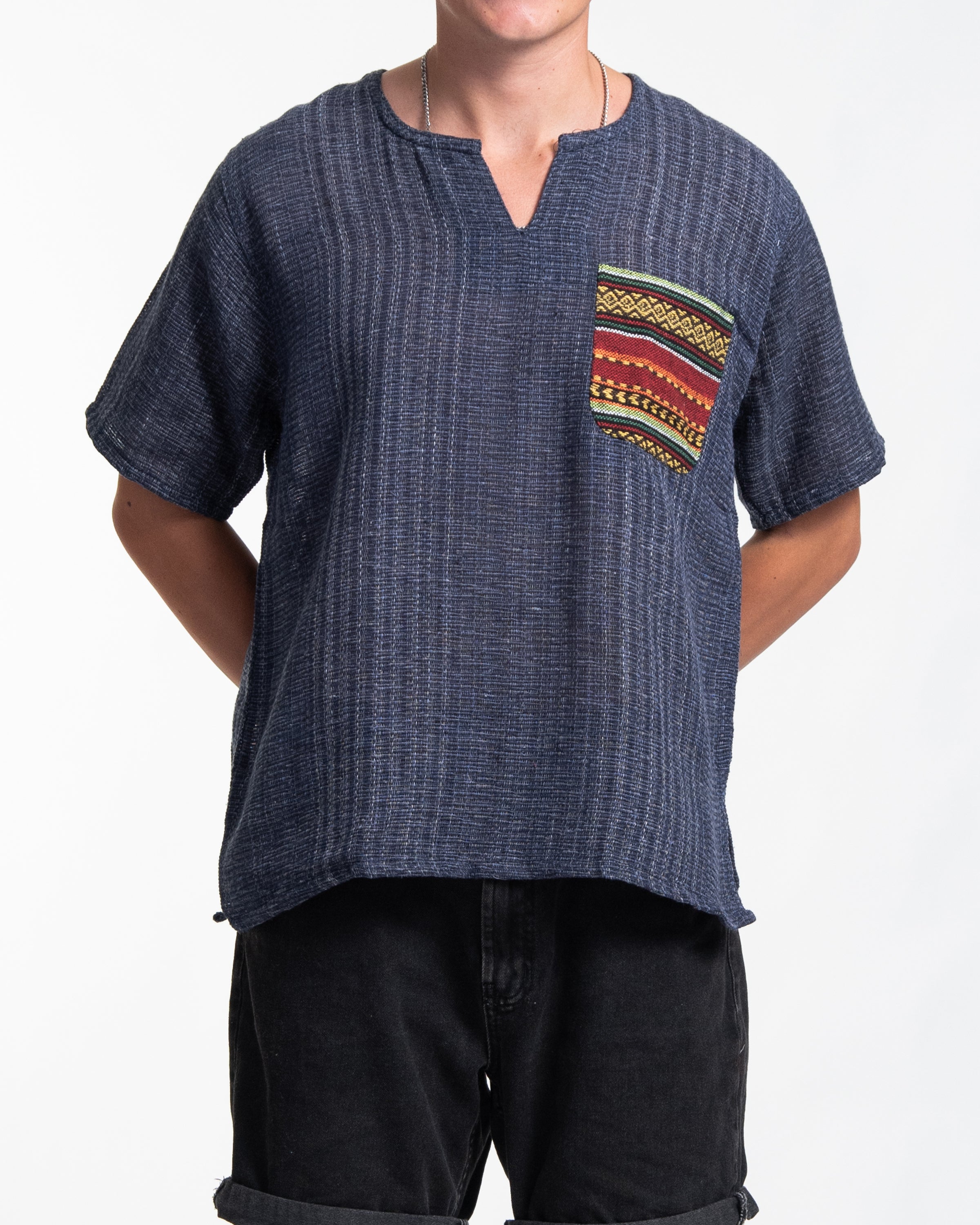 Unisex Woven Cotton Shirt with Tribal Pocket in Blue
