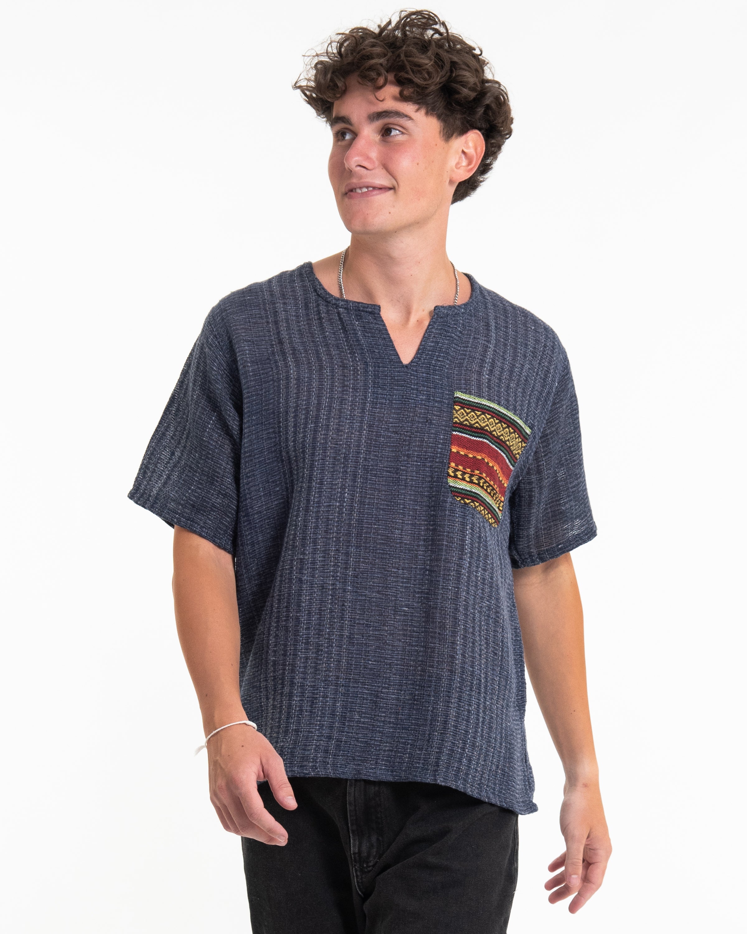 Unisex Woven Cotton Shirt with Tribal Pocket in Blue
