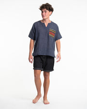 Unisex Woven Cotton Shirt with Tribal Pocket in Blue