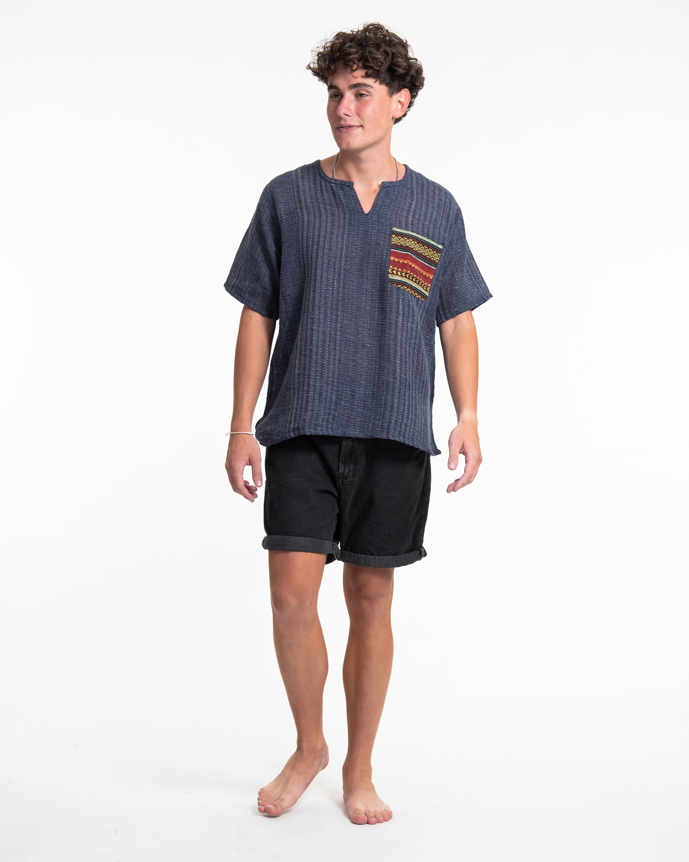 Unisex Woven Cotton Shirt with Tribal Pocket in Blue