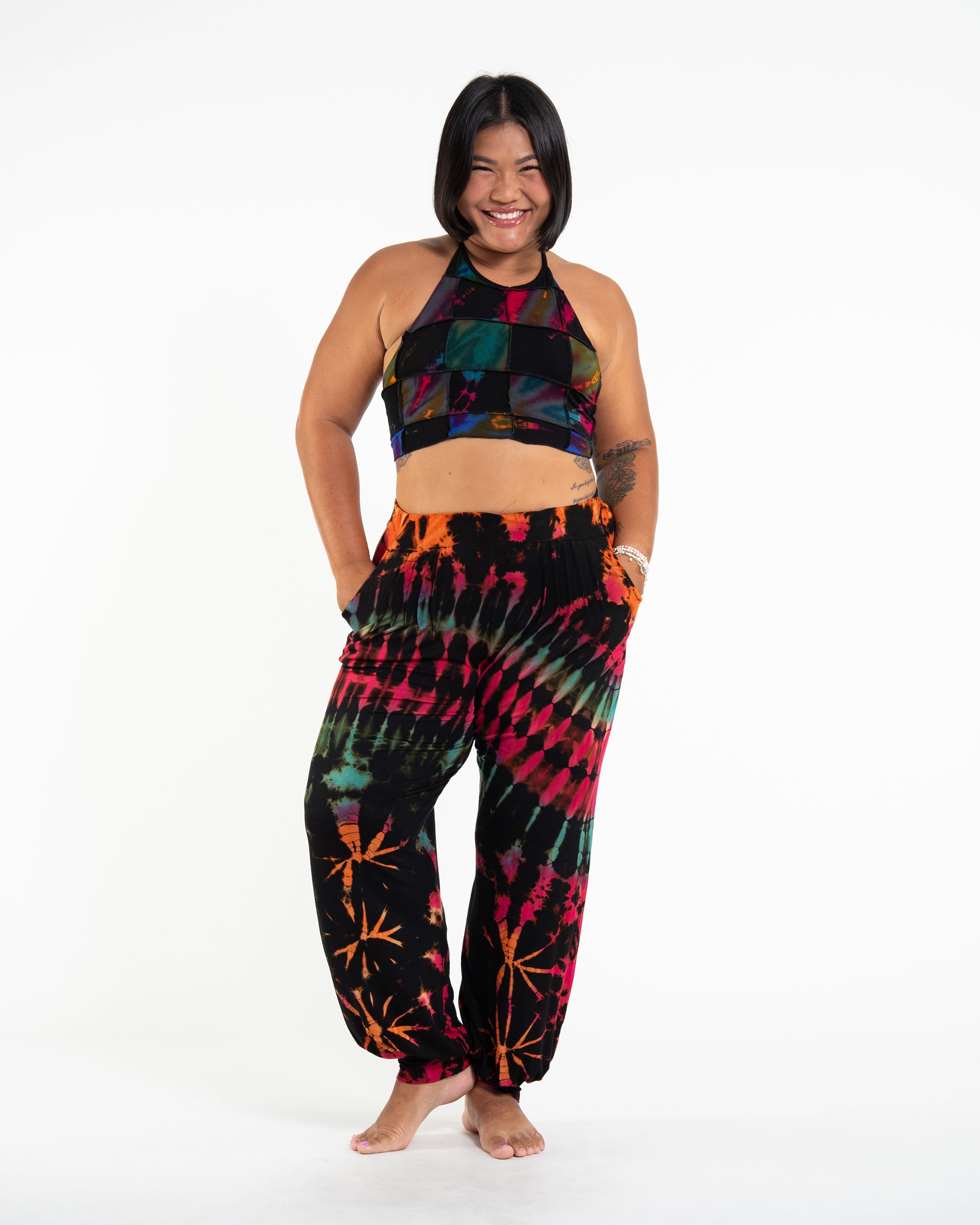 Patchwork Tie Dye Halter Top in Multi Black