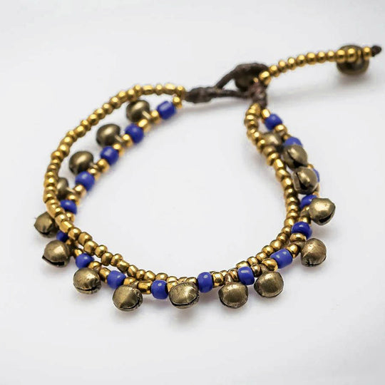 Brass Bell And Blue Bead Double Strand Bracelets