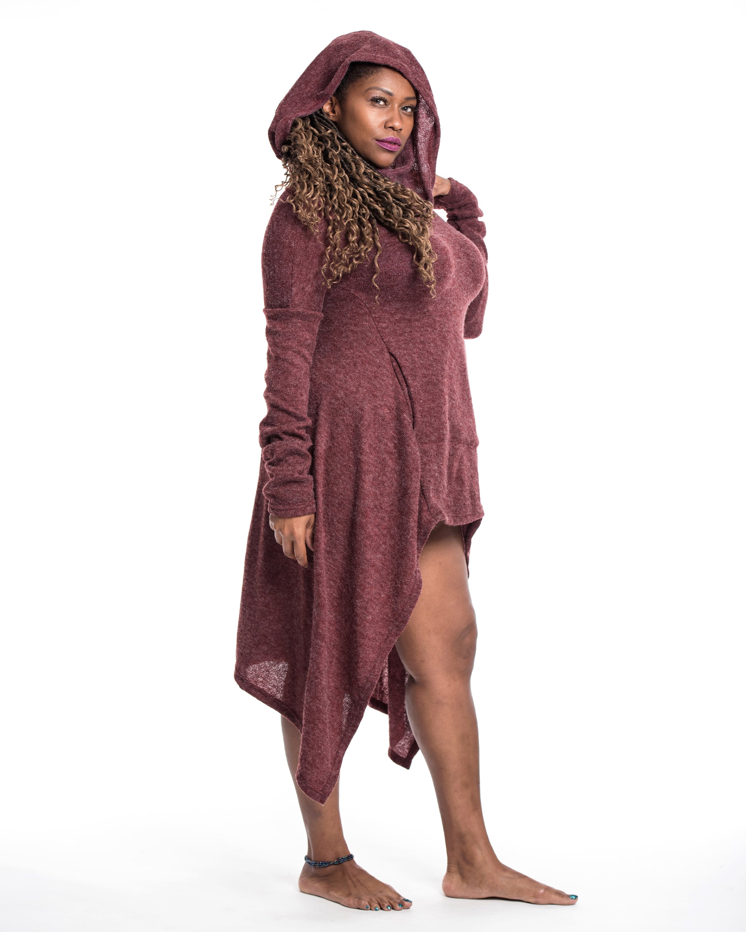 Ultra Long Hooded Sweater in Maroon