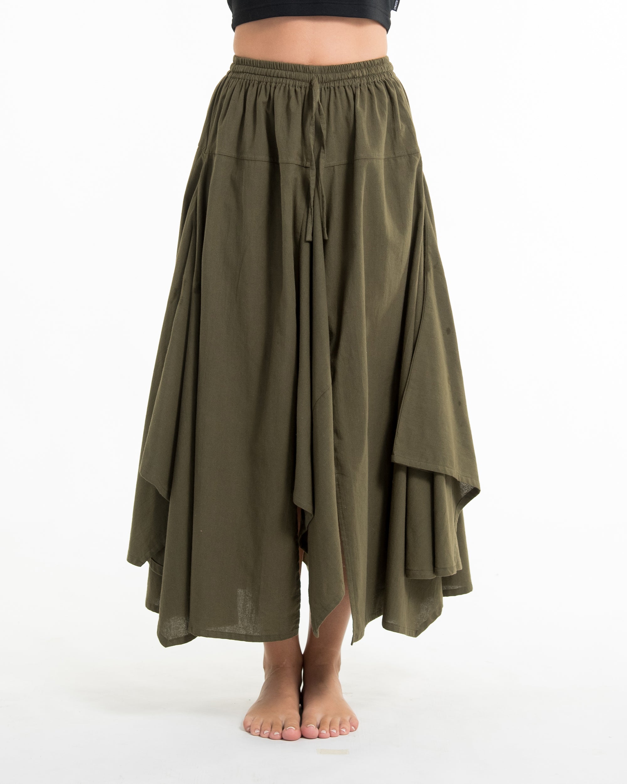 Solid Color Cotton Handkerchief Midi Skirt in Olive