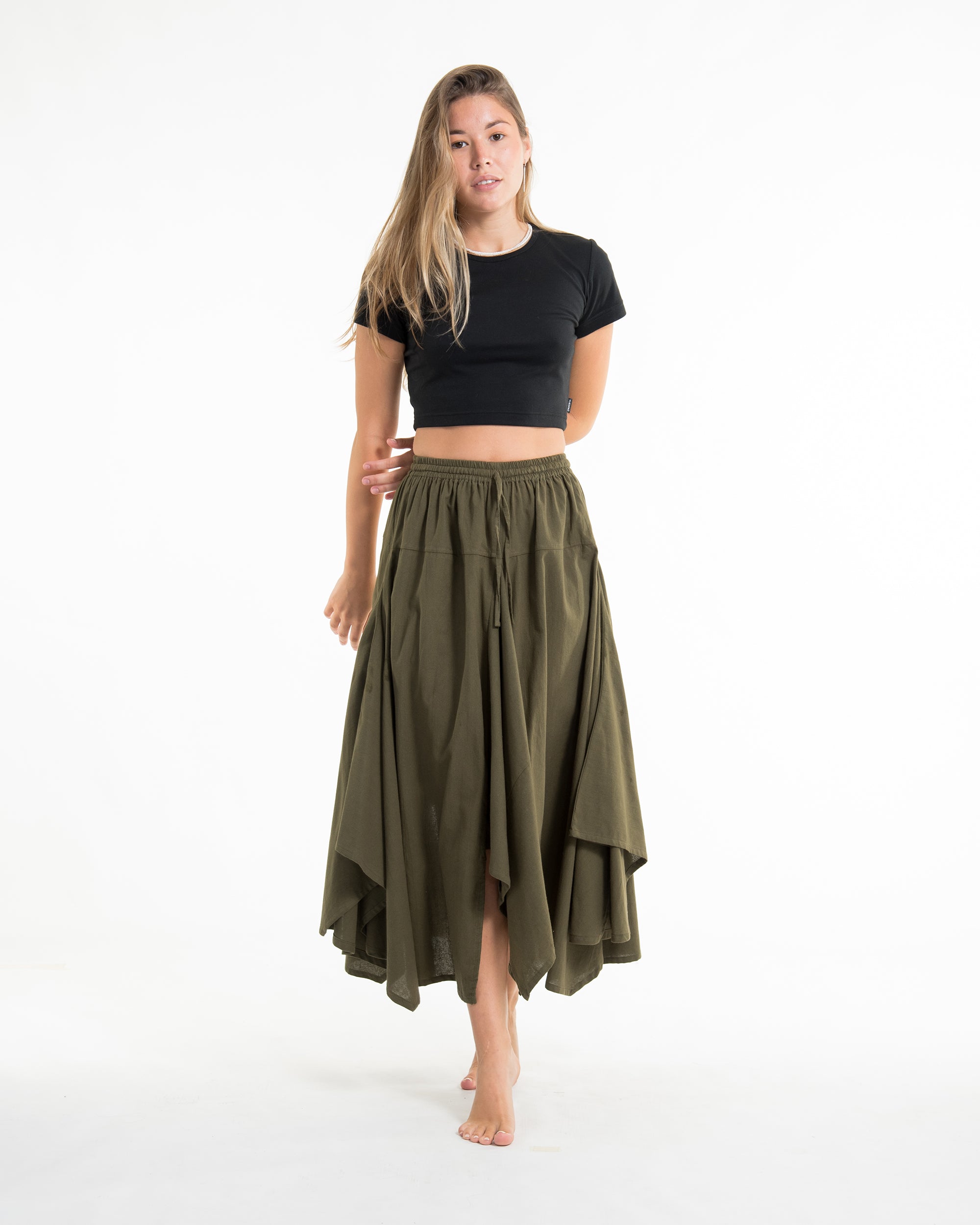 Solid Color Cotton Handkerchief Midi Skirt in Olive