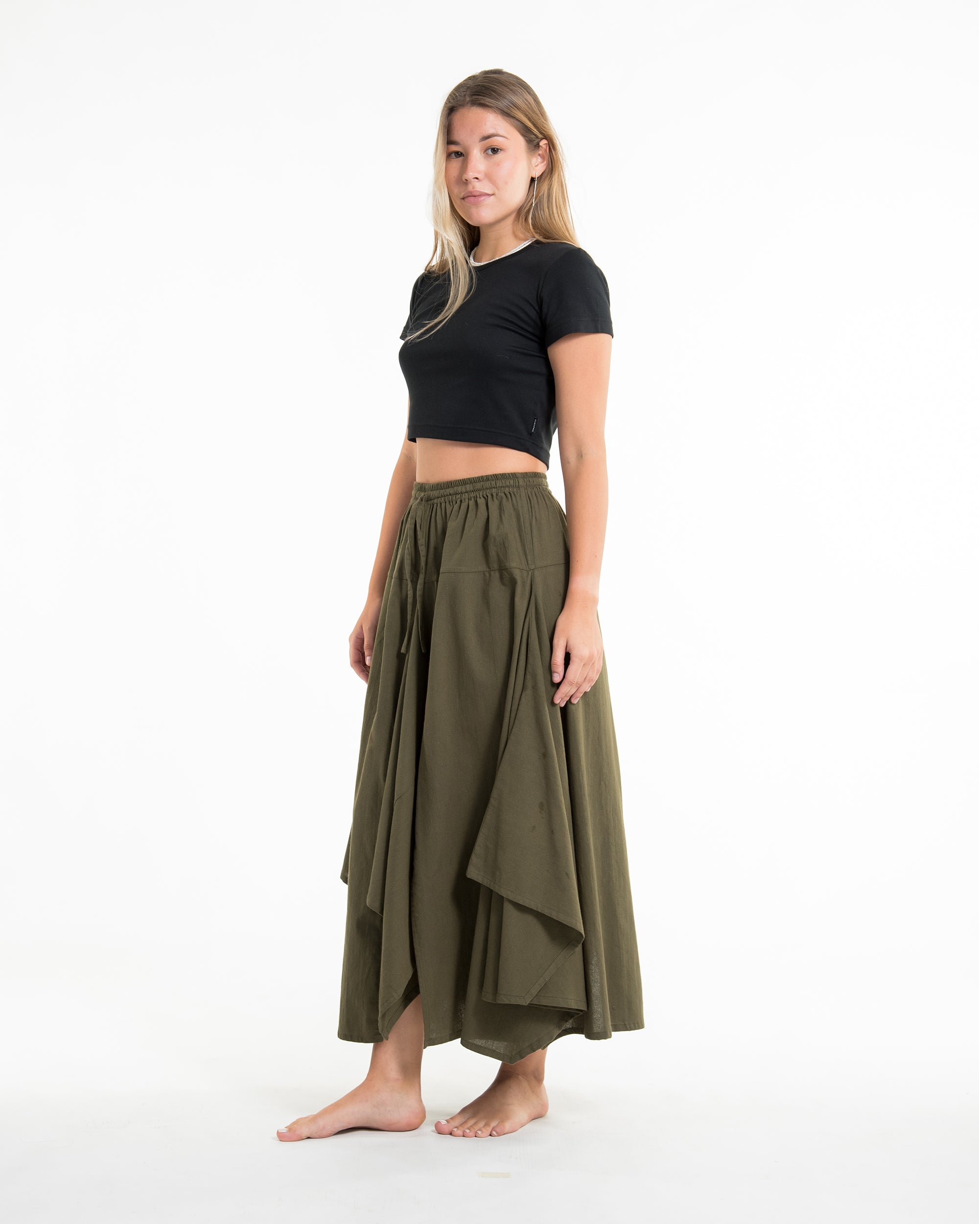 Solid Color Cotton Handkerchief Midi Skirt in Olive