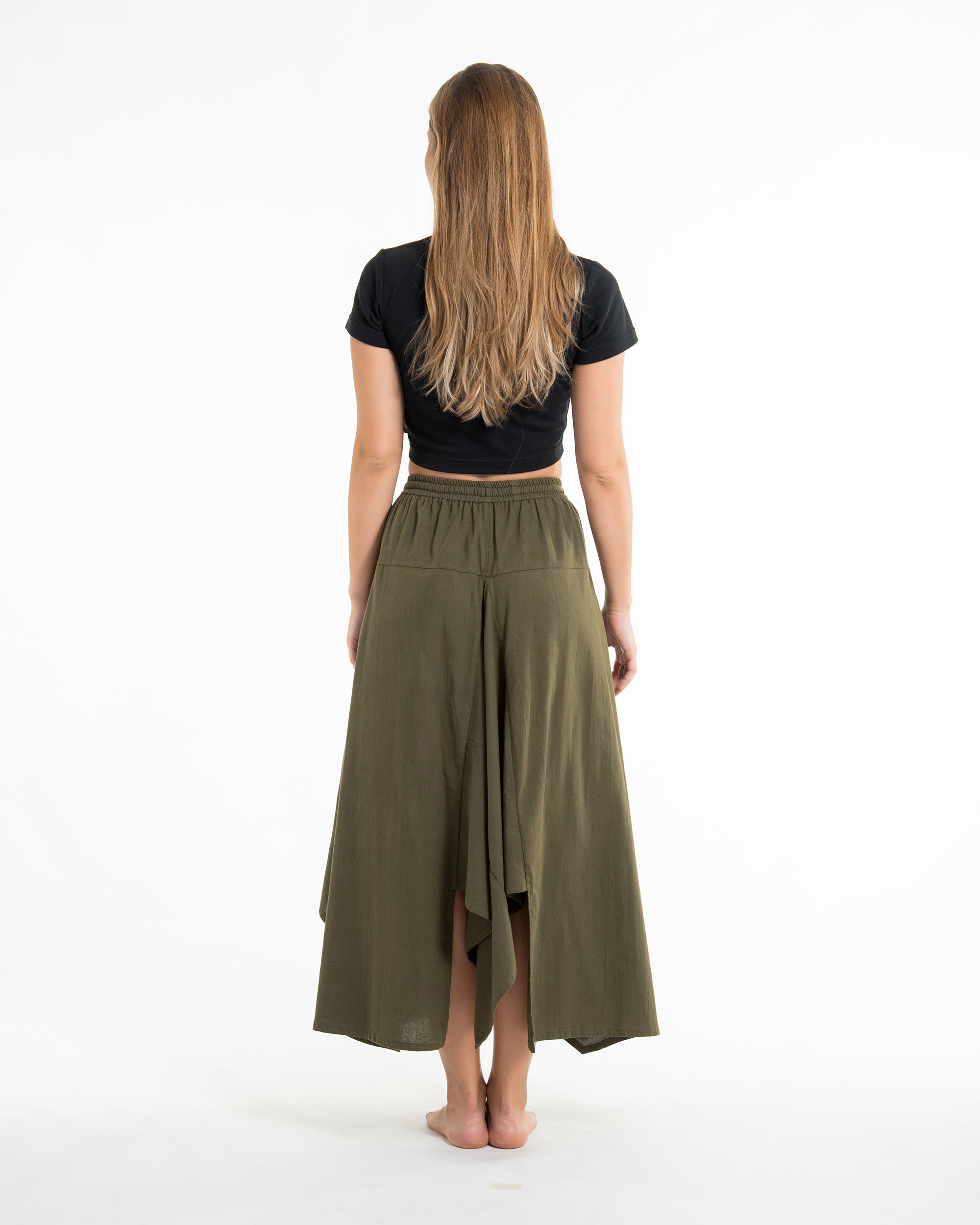 Solid Color Cotton Handkerchief Midi Skirt in Olive