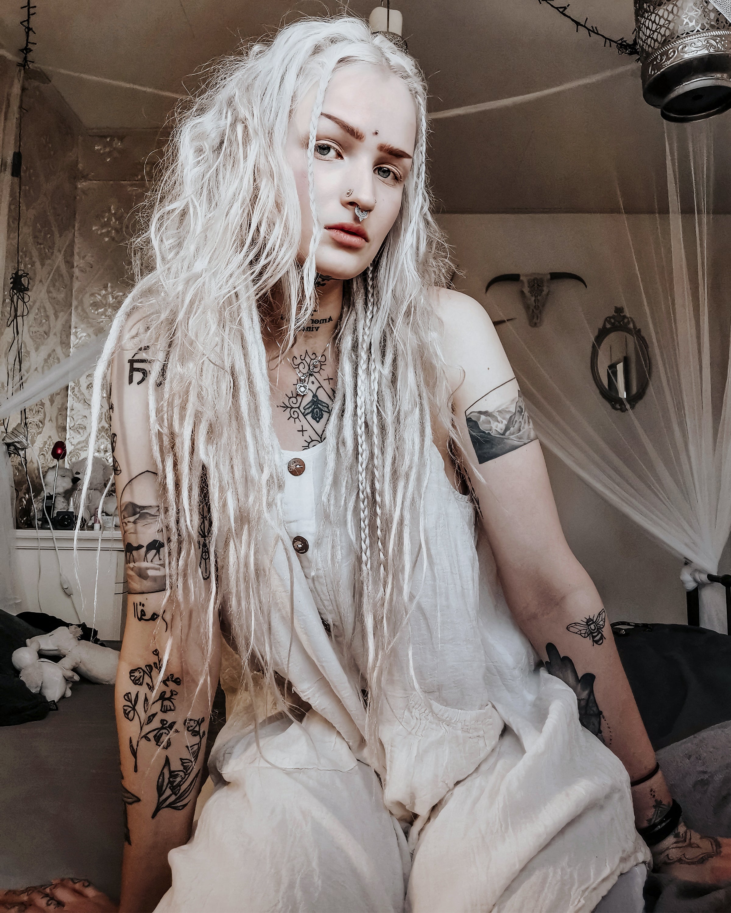 Crinkled Hill Tribe Cotton Tank Dress in Off White
